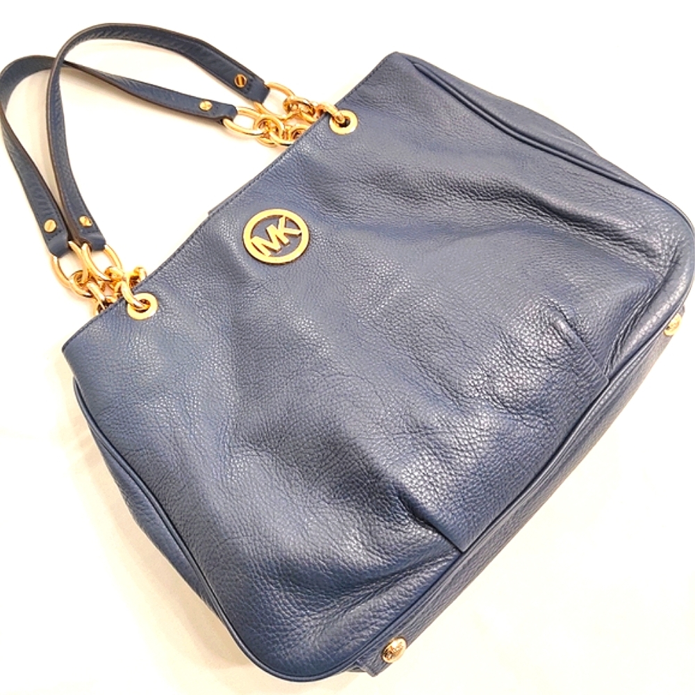 Michael Kors Navy Leather Shoulder Tote with Gold Accents